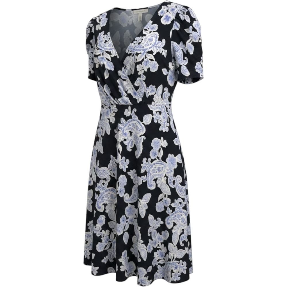Tommy Hilfiger Navy Blue White Paisley Floral Faux Wrap Dress Puff Sleeve 12